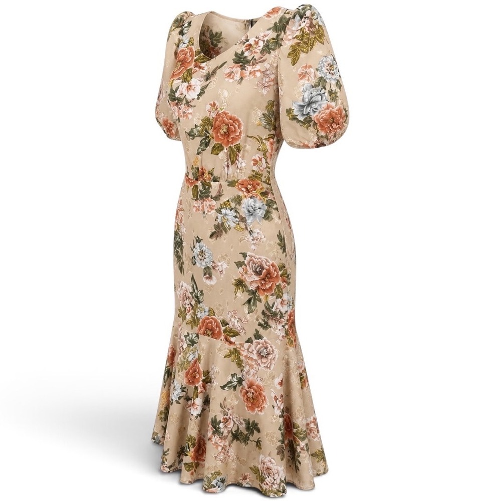 Sugar Lips Harbinger Floral Balboa Asymmetrical Midi Dress Tan Orange Small